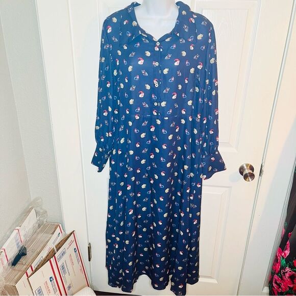 Modcloth Romantic Era Button Front Midi Dress Santa Cat Print Christmas Navy XL - Picture 5 of 13